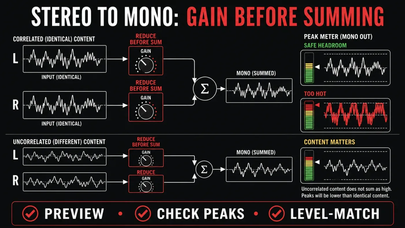 Stereo to mono gain staging before summing and peak checks