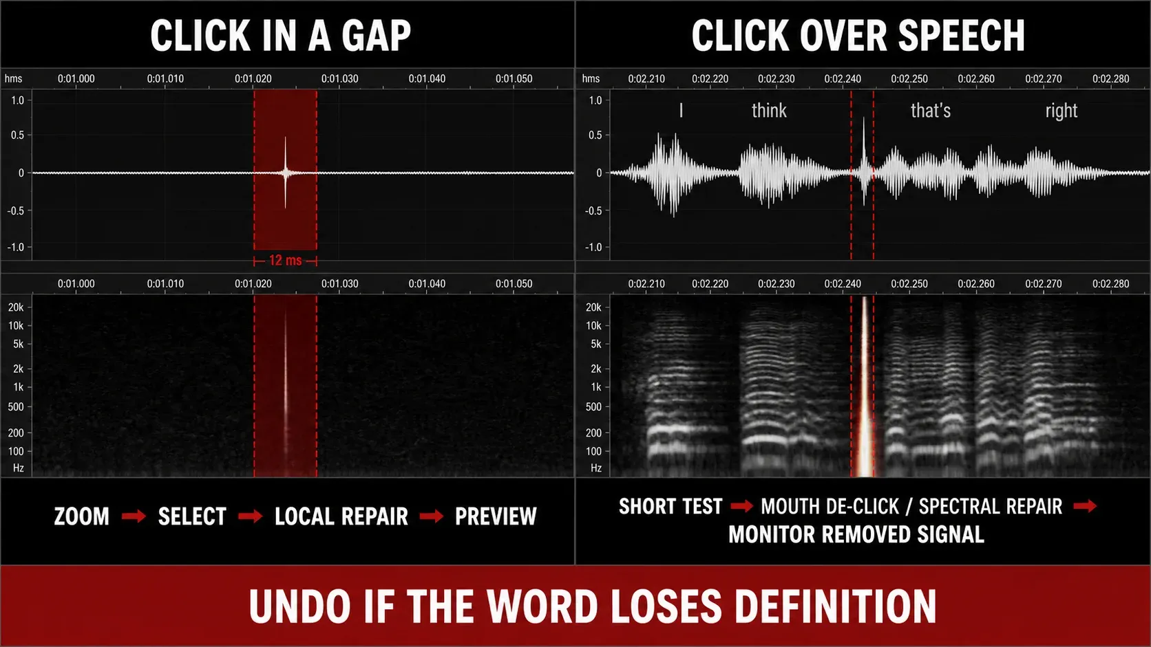 Audio editor comparing an isolated mouth click in a pause with a click overlapping speech
