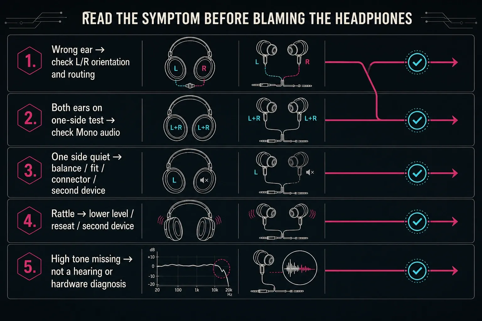 Five headphone test symptoms mapped to routing, mono, balance, connector, and second-device checks