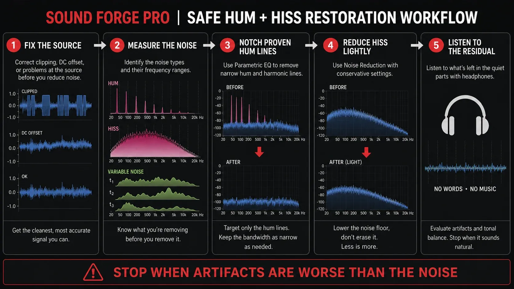 Diagnosing hum, reducing hiss and auditioning the residual signal in Sound Forge