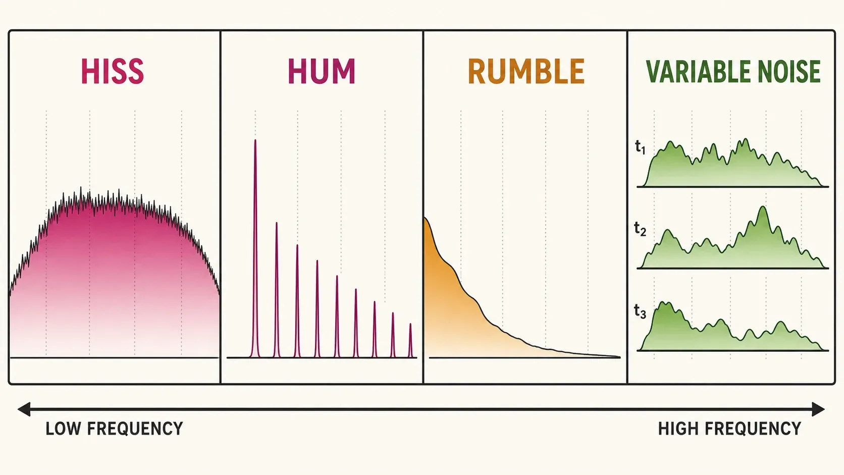 How hiss, hum, rumble and changing noise each look in the frequency domain