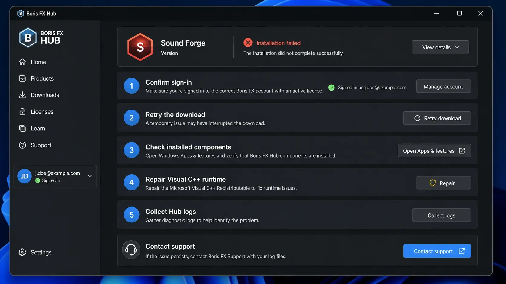 A Boris FX Hub install failure traced through account, download, Windows runtime and logs