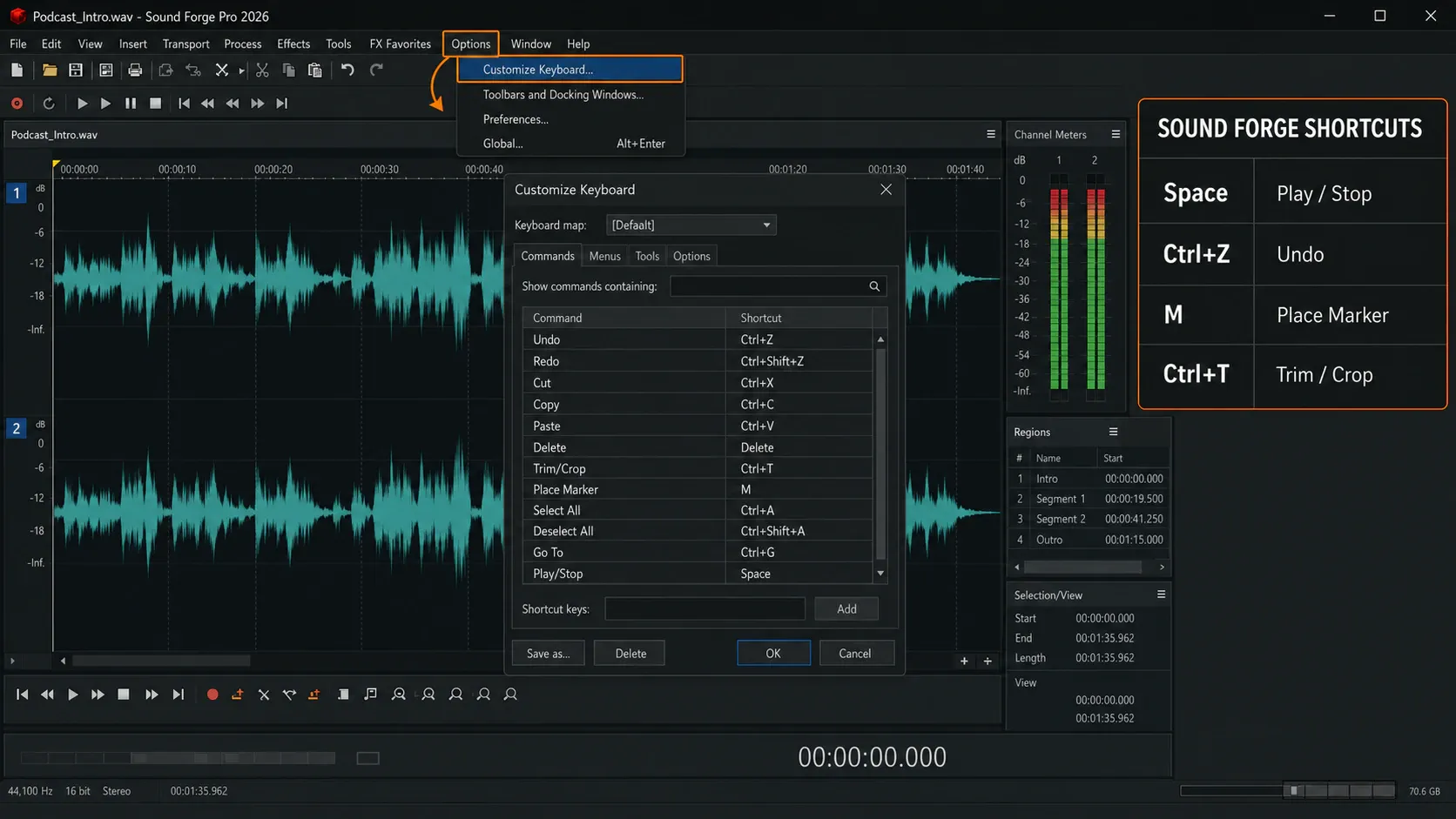 The Customize Keyboard window in Sound Forge, showing the active map and its bindings