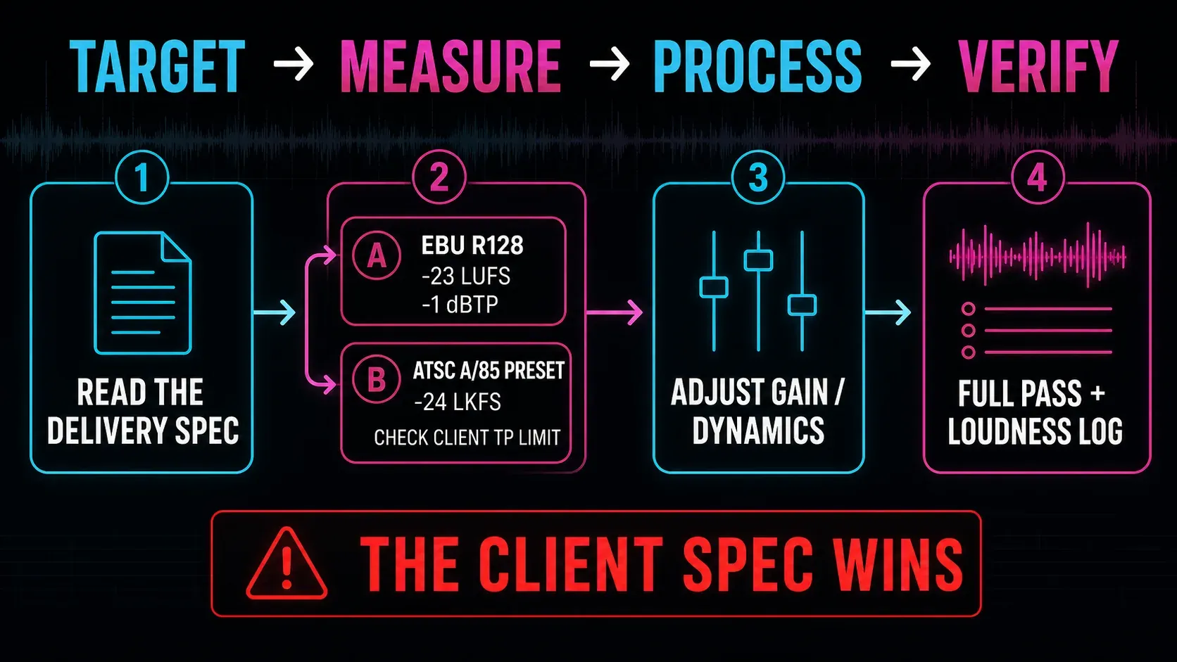 Loudness delivery workflow from target and measurement to processing and final verification