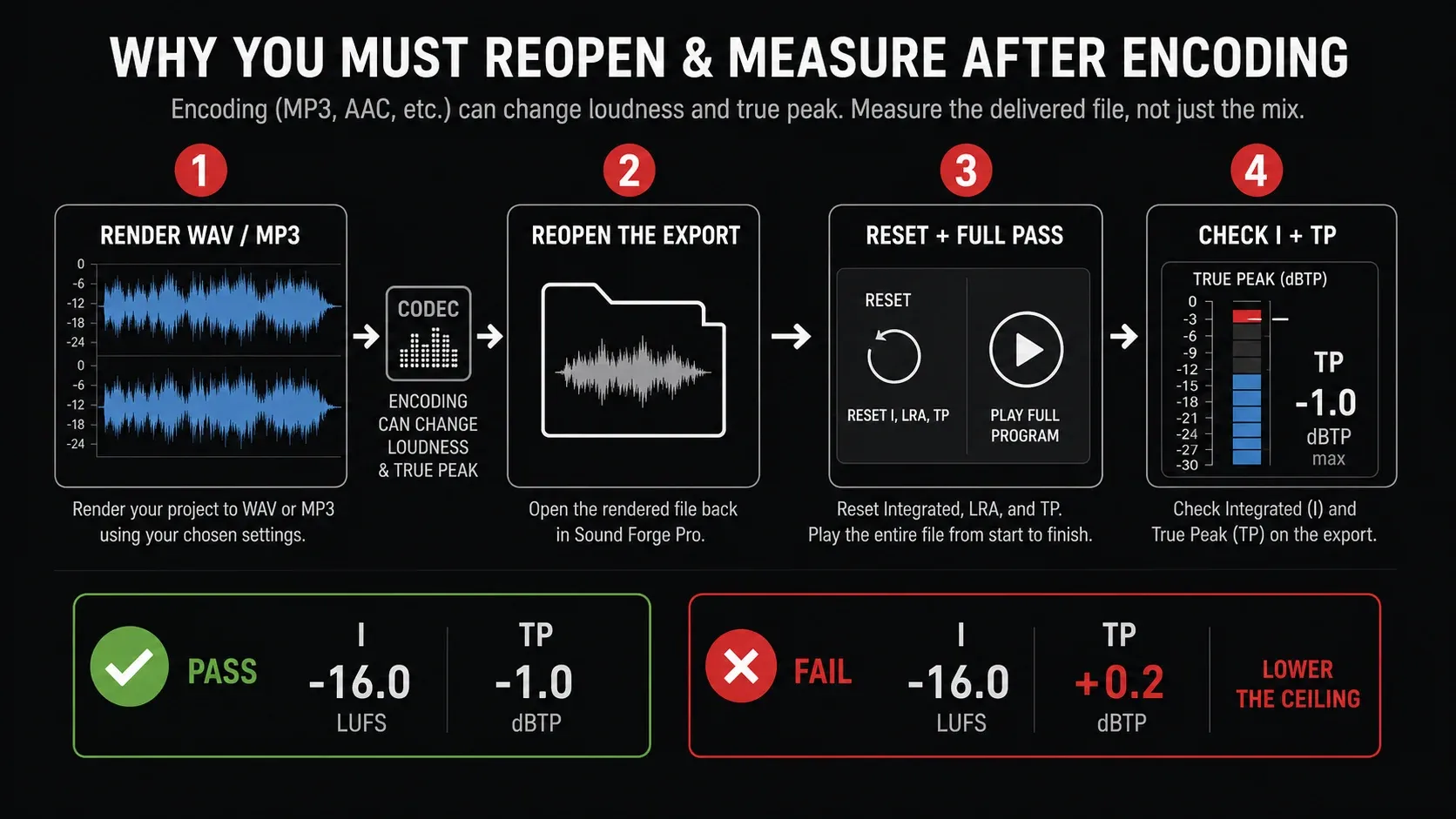Rendered audio export reopened and checked for integrated LUFS and true peak