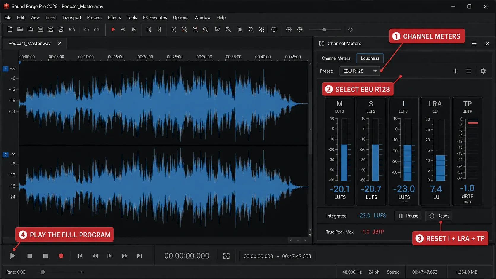 Sound Forge full-programme LUFS measurement with EBU R128 reset and playback steps