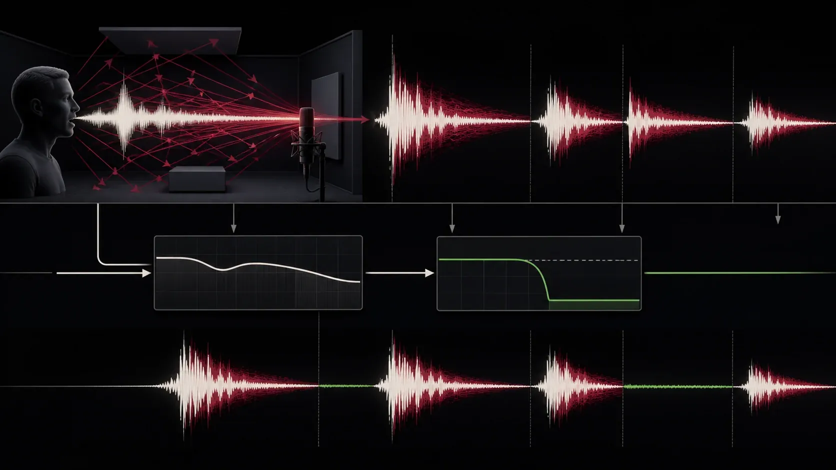Direct speech and room reflections showing a gate reducing tails only between spoken phrases