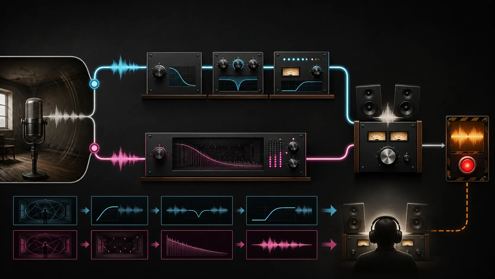 Manual EQ and gate path versus dedicated de-reverb with matched listening and an artifact stop point