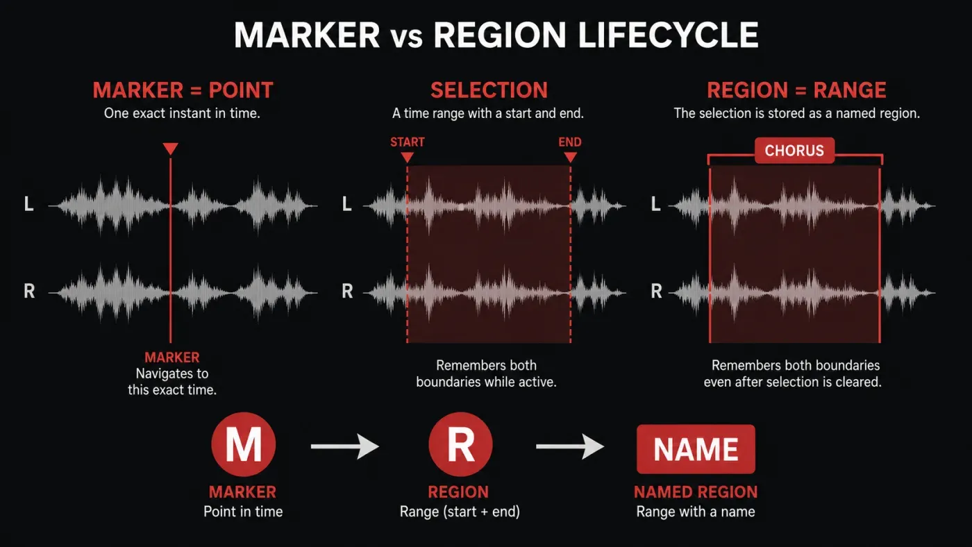 Sound Forge marker point selection and named region lifecycle