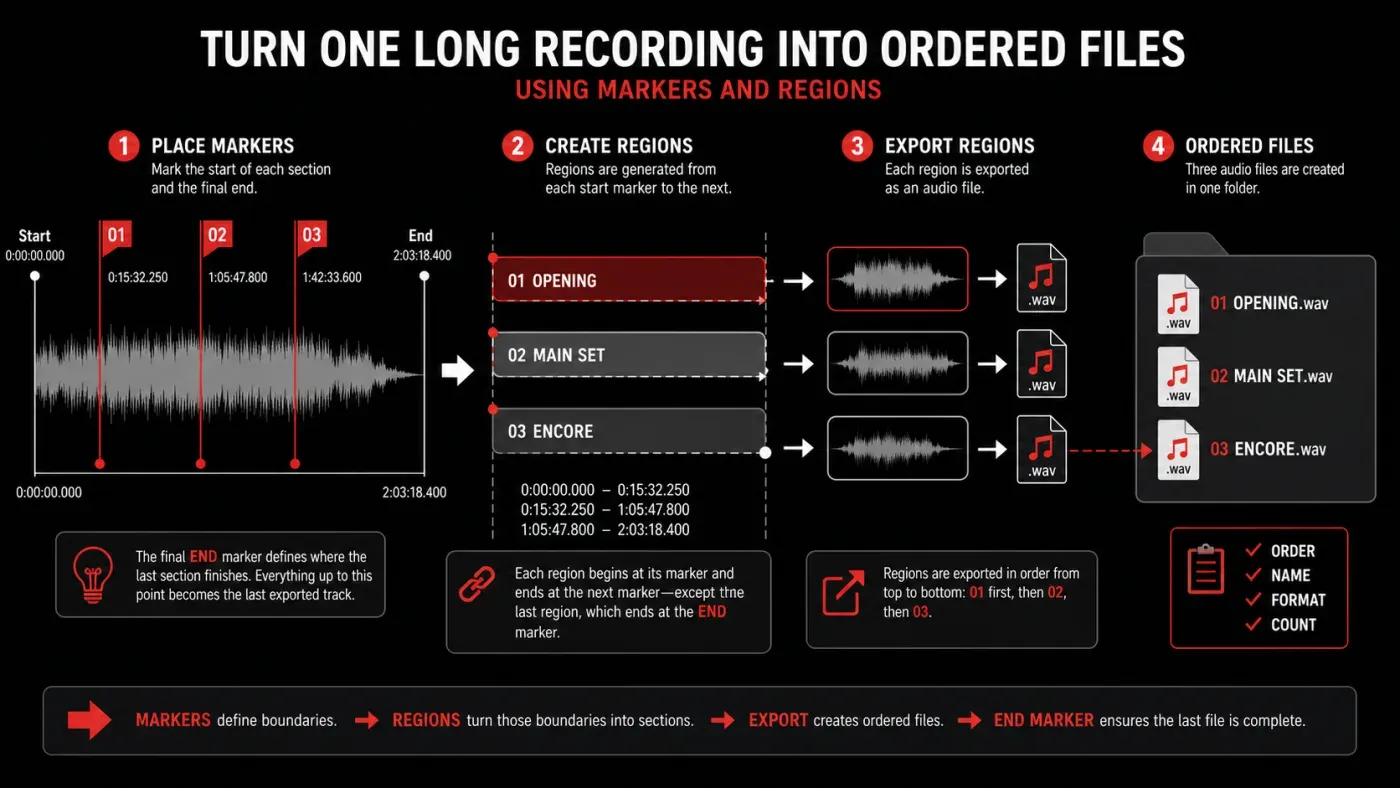 Markers and regions workflow for exporting one long recording as ordered files
