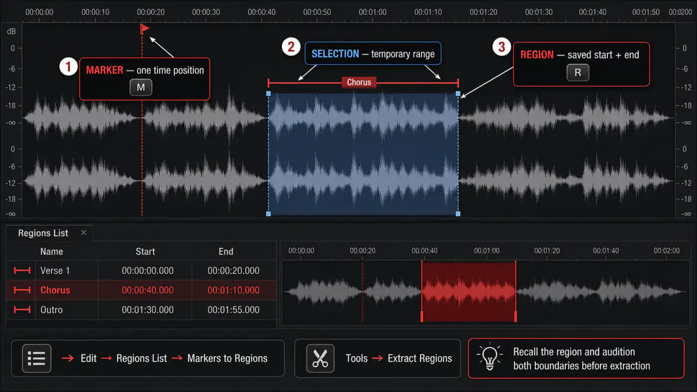 Sound Forge marker selection region and Regions List interface guide