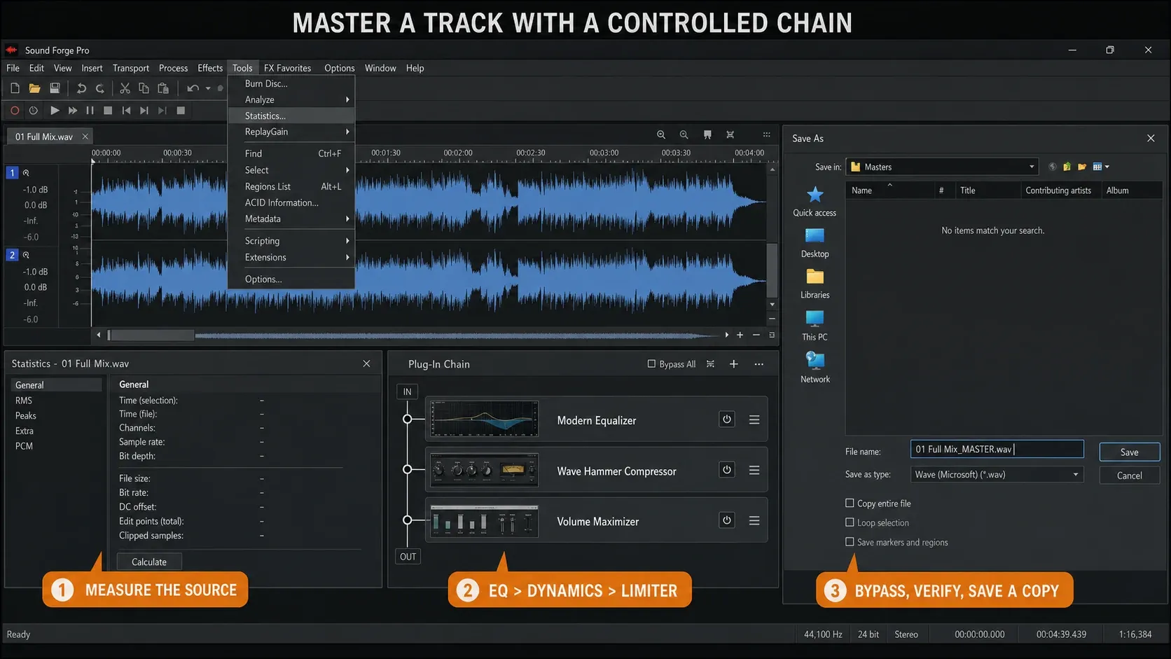 A mastering chain in Sound Forge running from source measurement through EQ and dynamics to the final check