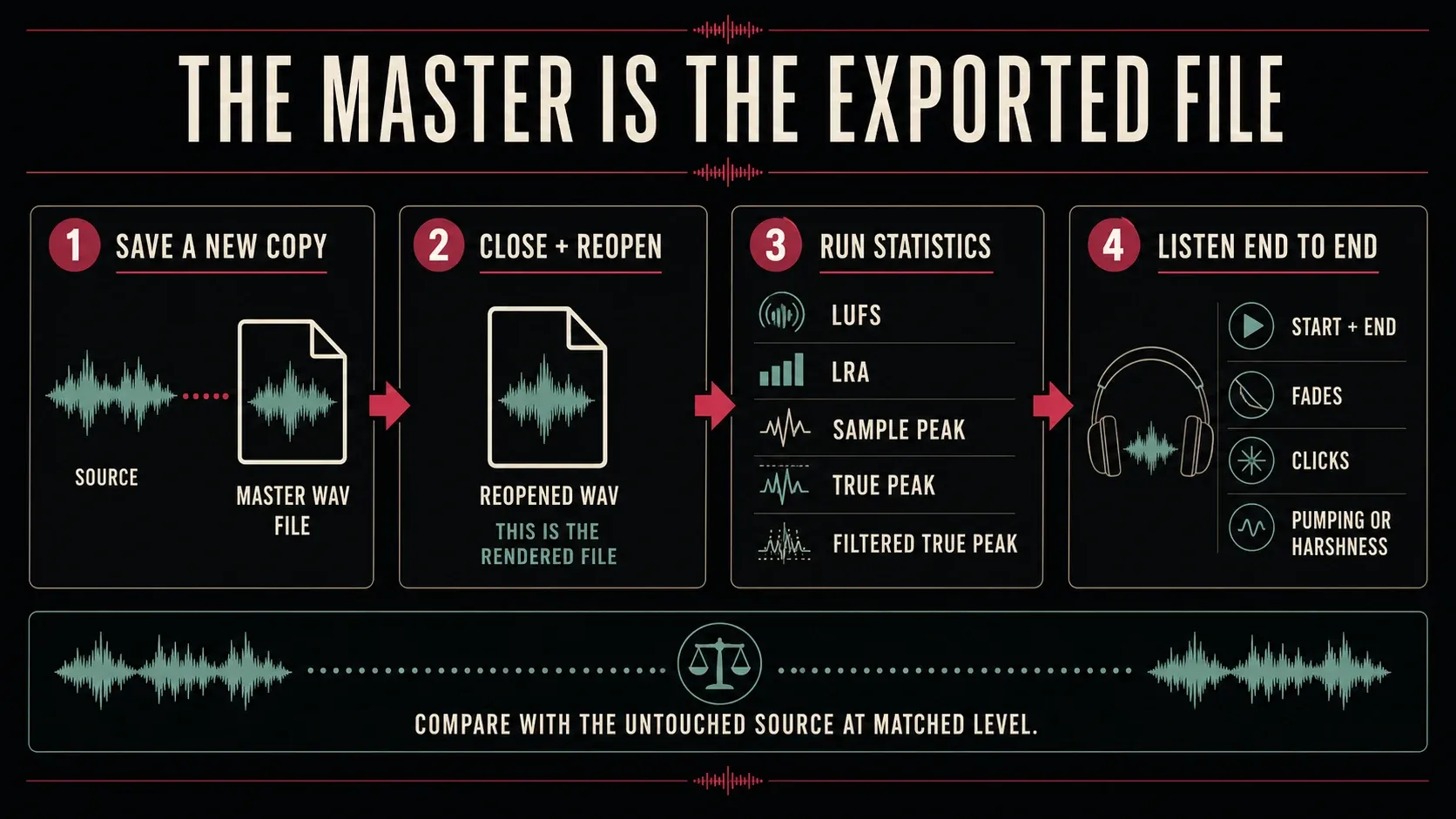 Mastering export QA from saving a copy to Statistics and end-to-end listening
