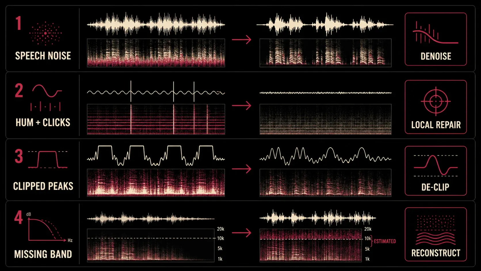 AI audio repair selector for speech noise, hum and clicks, clipped peaks and missing frequency bands