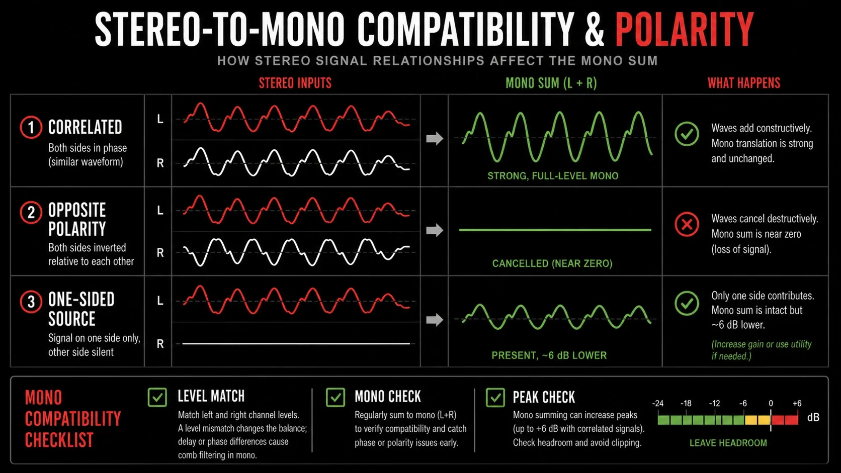 Stereo-to-mono compatibility guide separating level mismatch from phase-related comb filtering