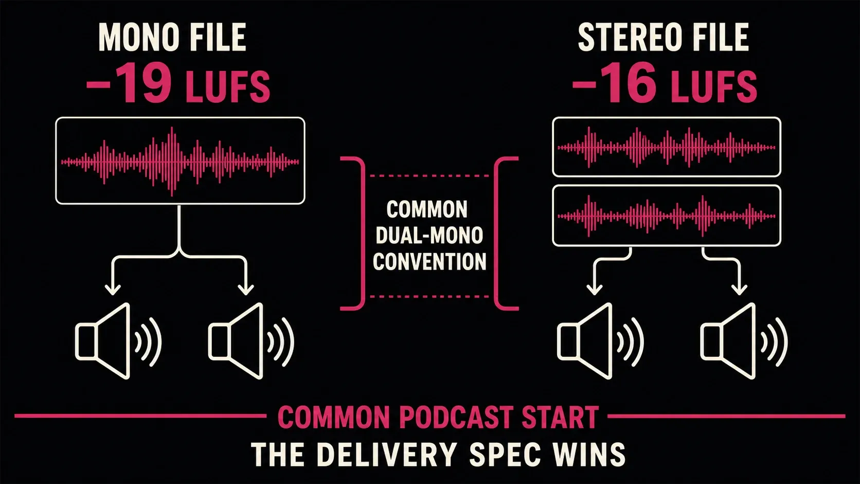 Mono minus 19 LUFS and stereo minus 16 LUFS podcast loudness conventions with dual-mono playback paths