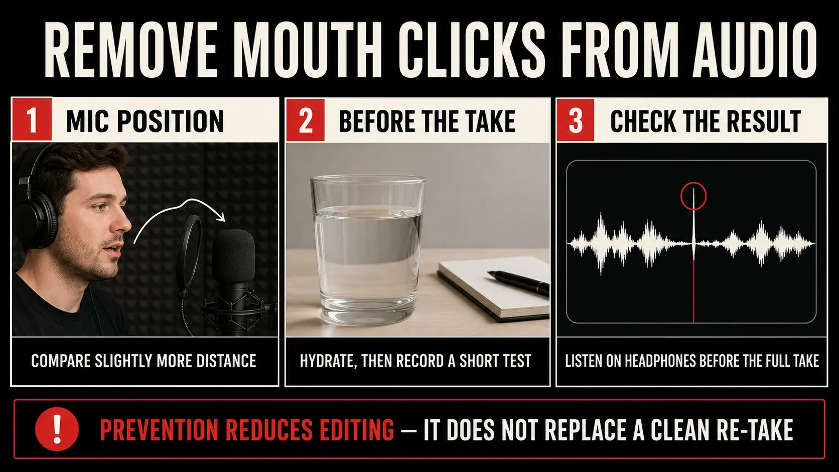 Voice recording setup for testing hydration, off-axis microphone position and headphone monitoring