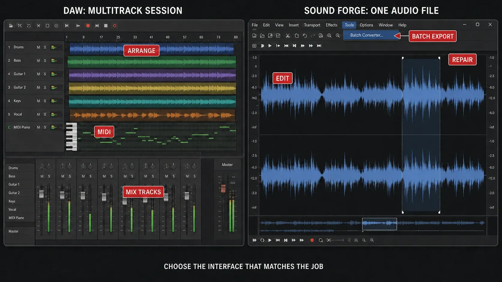 A multitrack DAW arrangement beside a single file open for editing in Sound Forge
