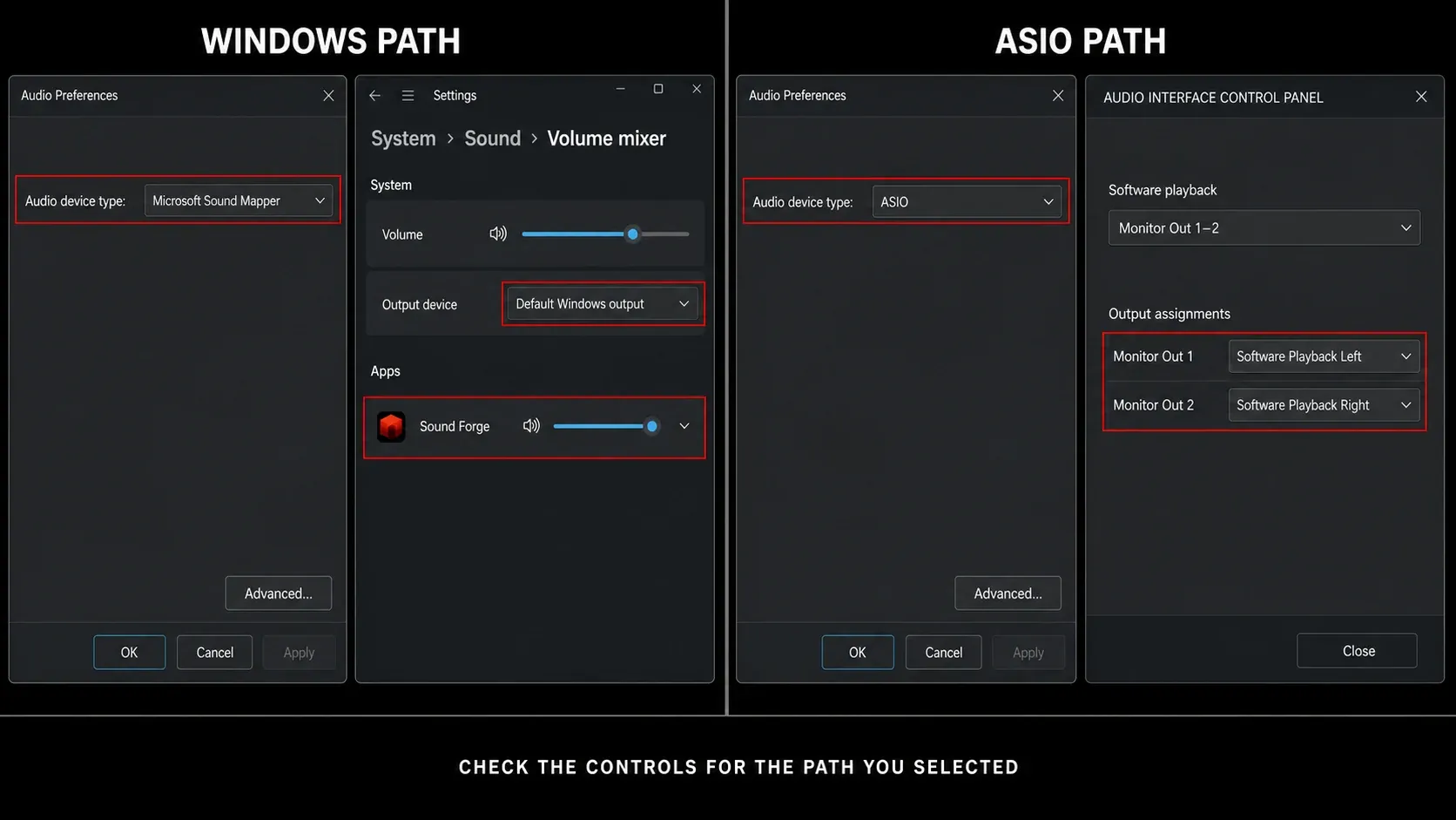 Windows driver playback controls in Sound Forge compared with the ASIO device panel