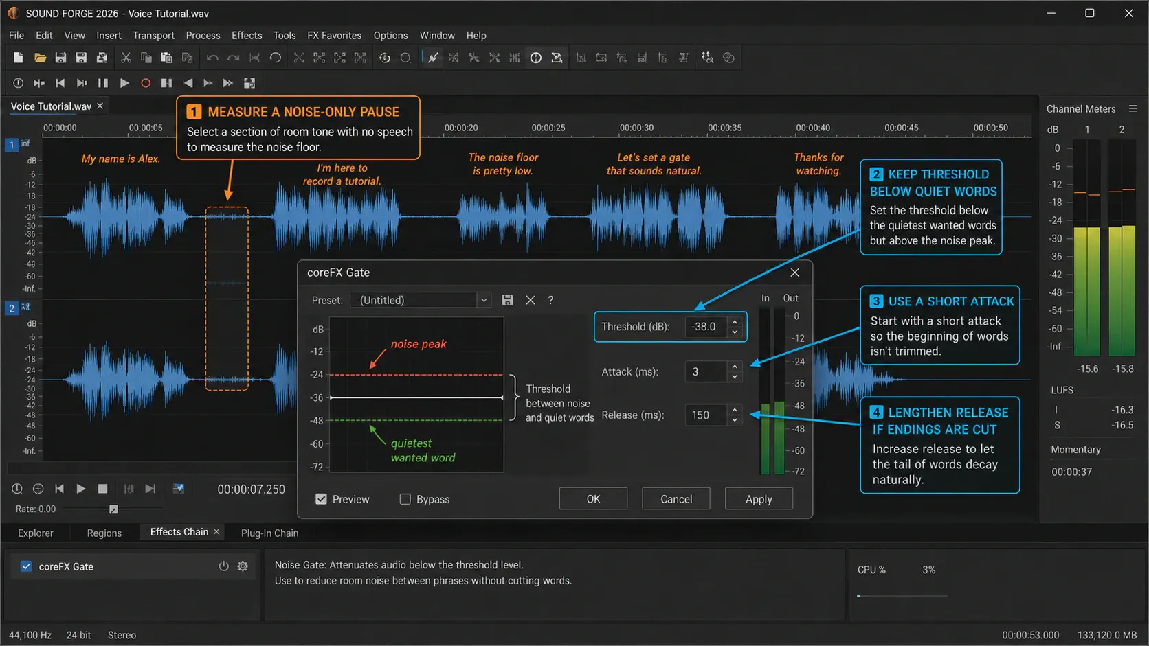 Sound Forge 2026 noise gate workflow measuring room noise setting threshold and checking attack and release