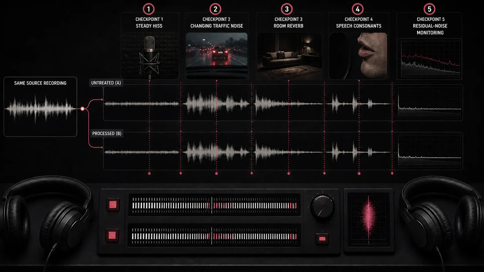 Five-part level-matched A/B test for noise reduction artifacts in speech recordings