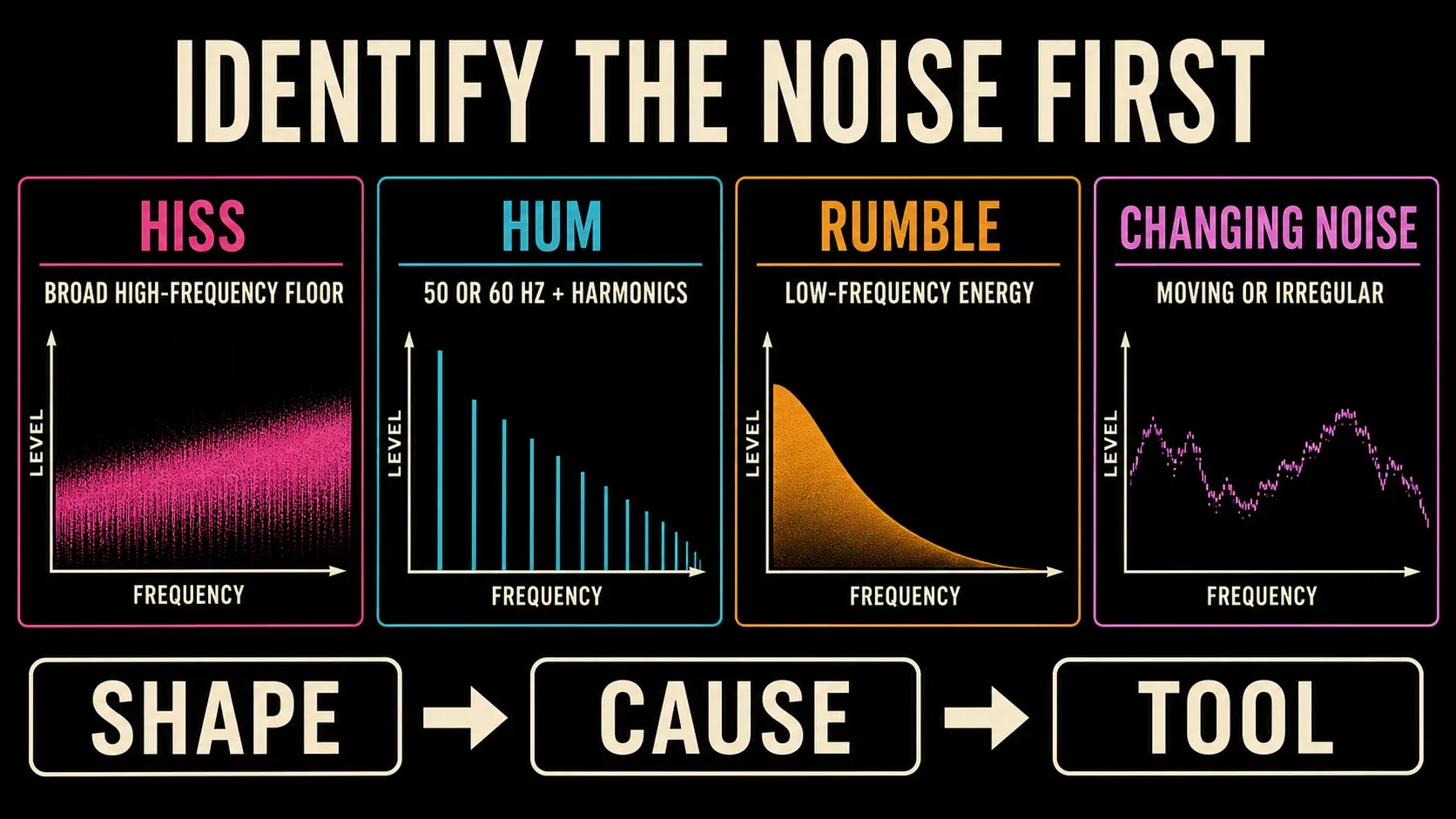 Desktop guide comparing hiss hum rumble and changing noise by spectrum shape
