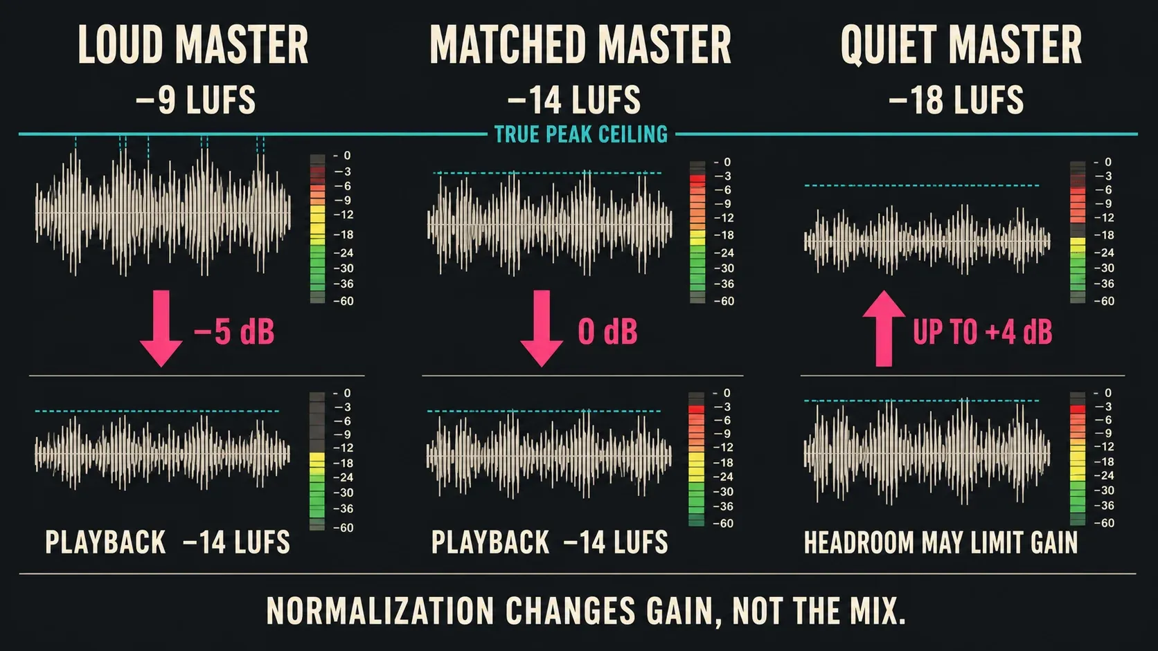 Loud, matched and quiet masters showing Spotify-style gain changes toward minus 14 LUFS with true-peak headroom