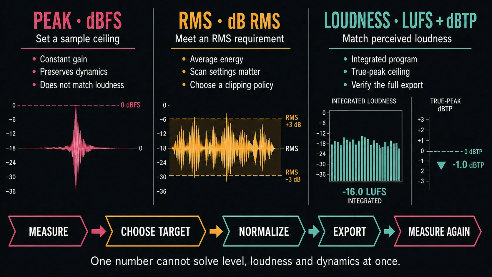 Peak, RMS and LUFS normalizing compared, with the verification steps that follow each