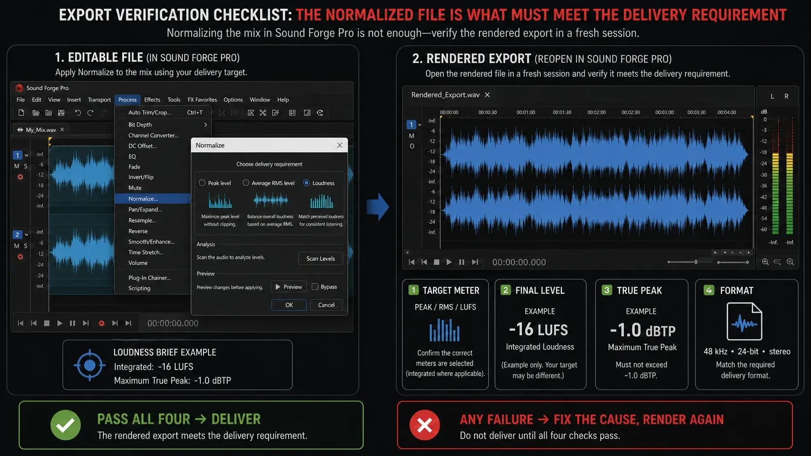 A normalized export measured again for integrated loudness, true peak and delivery format