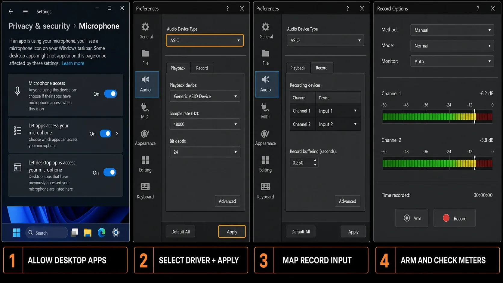 Windows microphone permission granted, then the input routed on the Sound Forge Record tab