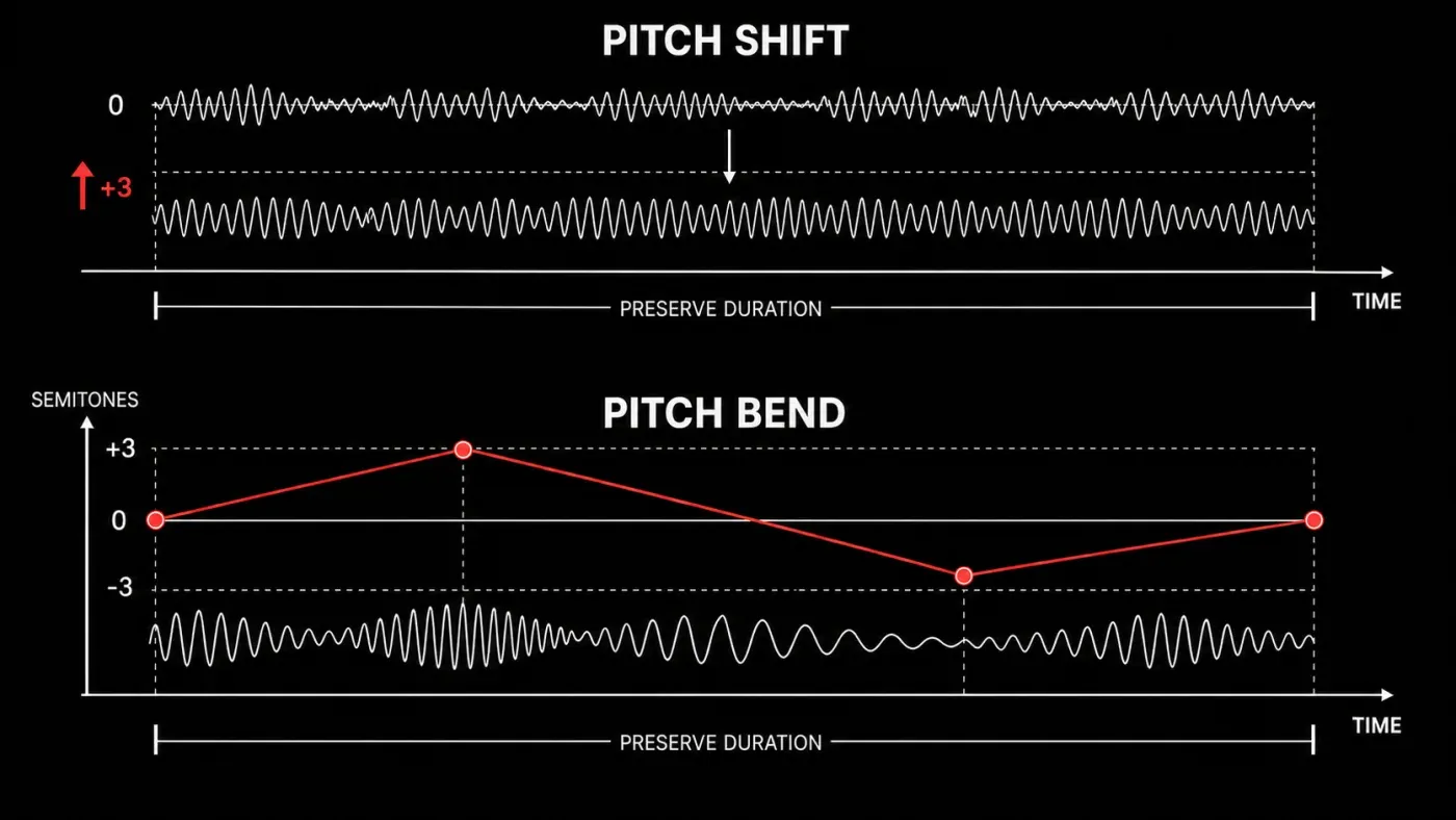Fixed pitch shift compared with a time-varying pitch bend envelope