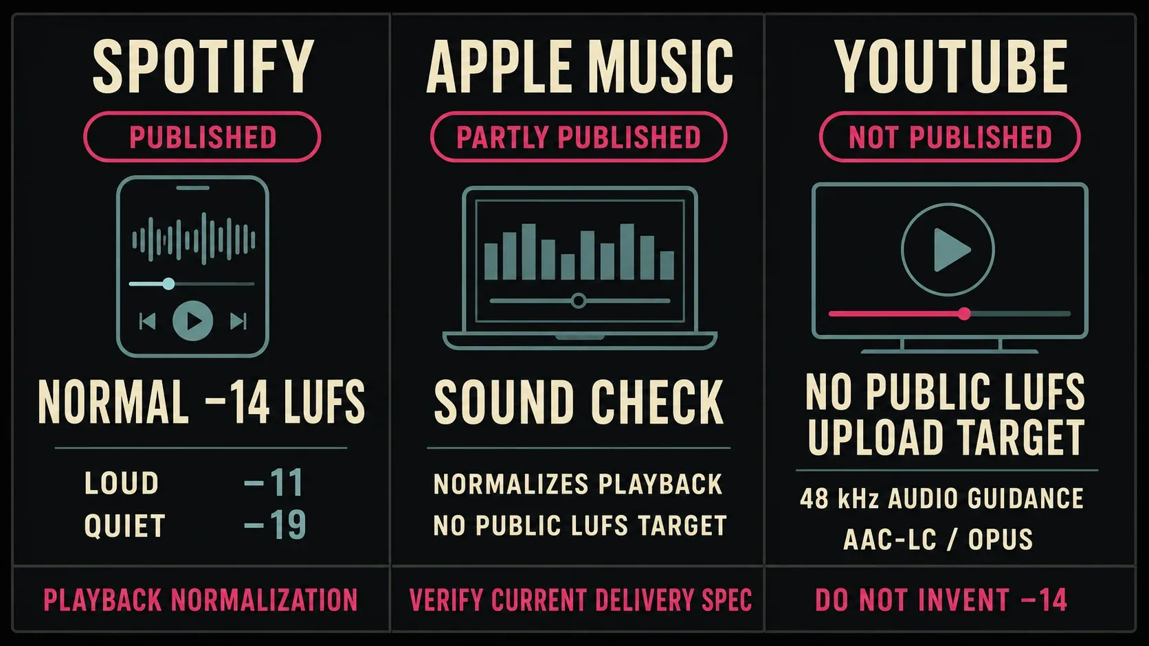Spotify, Apple Music and YouTube loudness documentation status with published and unpublished LUFS guidance