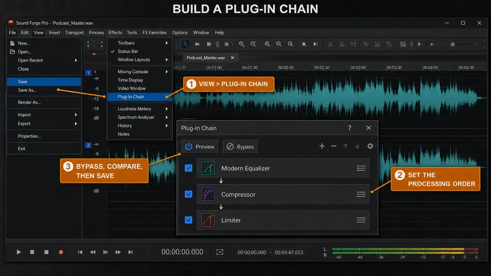 Sound Forge Plug-In Chain showing where to open the rack set effect order compare bypass and save