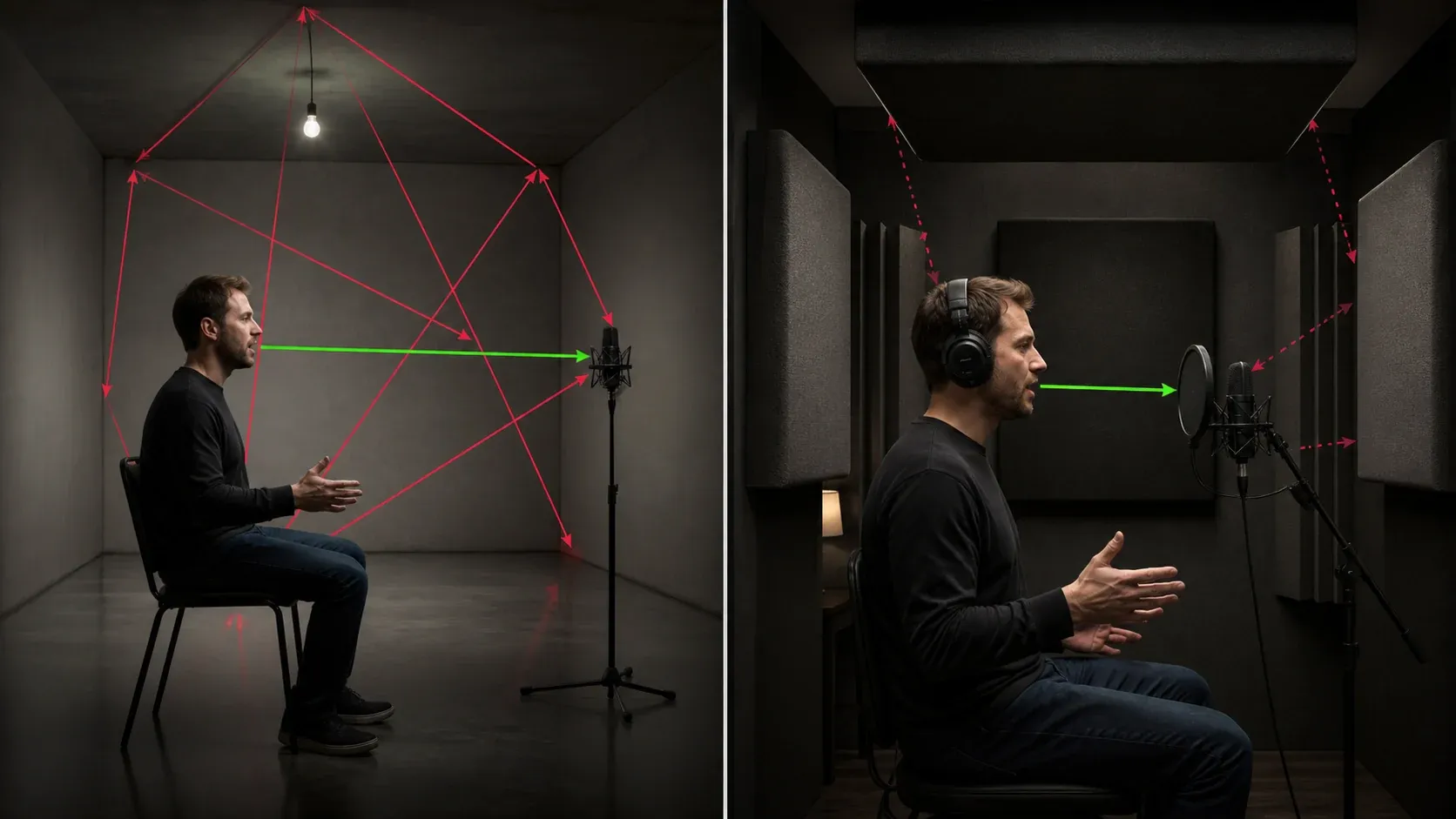 Distant microphone in a reflective room compared with close microphone placement and thick absorption