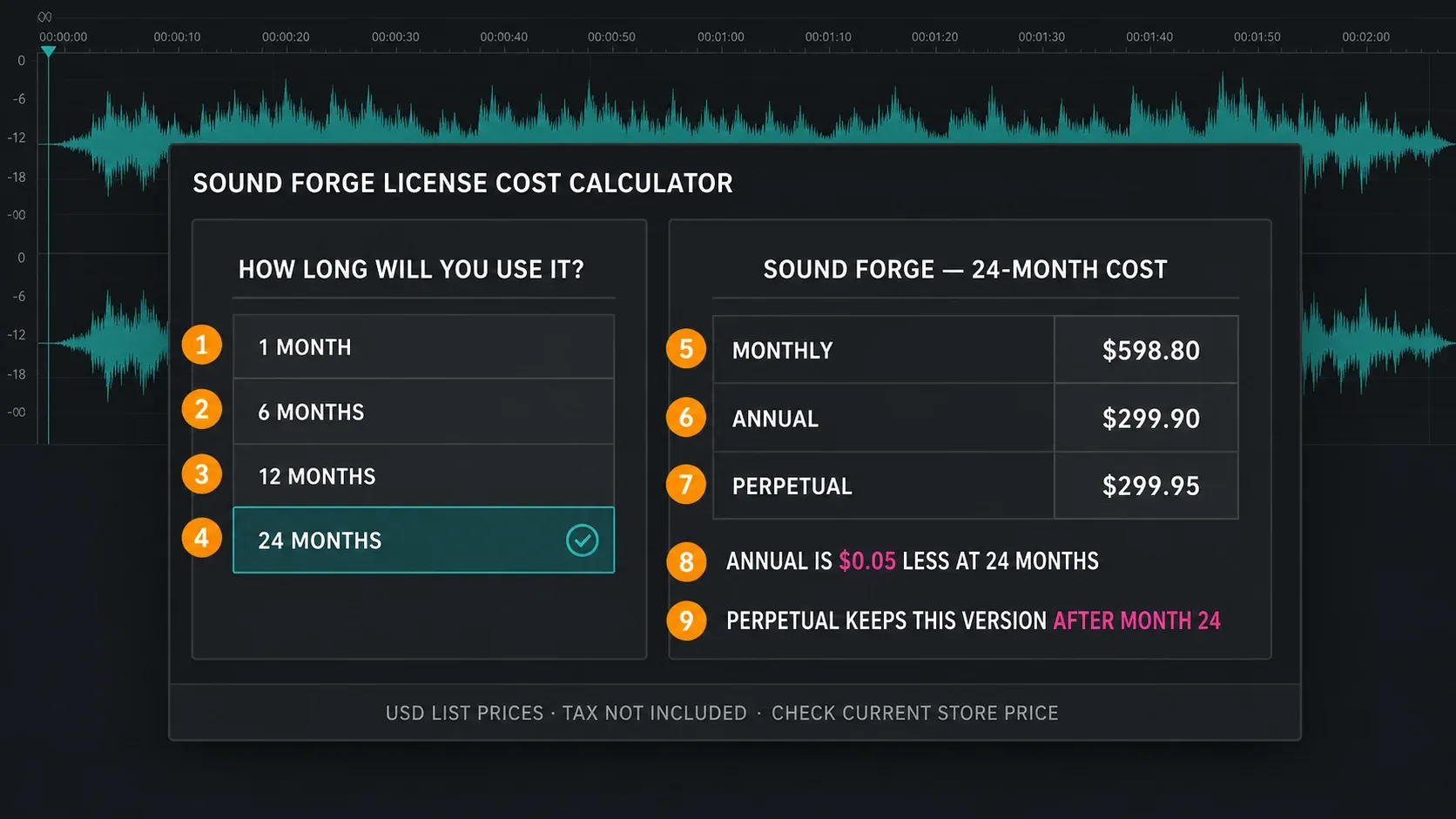 Sound Forge 24-month subscription versus perpetual license cost calculator