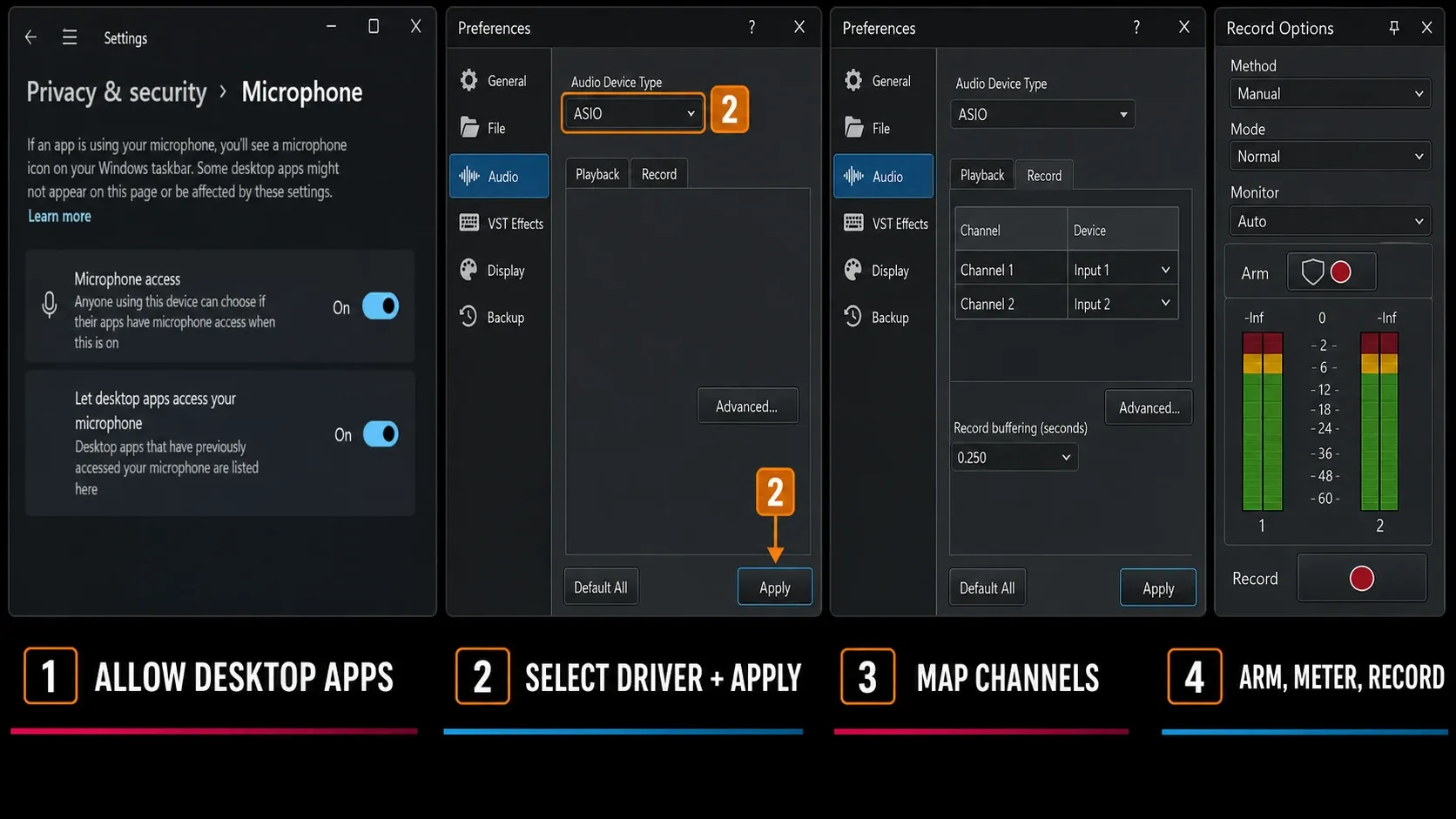 Microphone access granted in Windows, then the driver and record routing set in Sound Forge