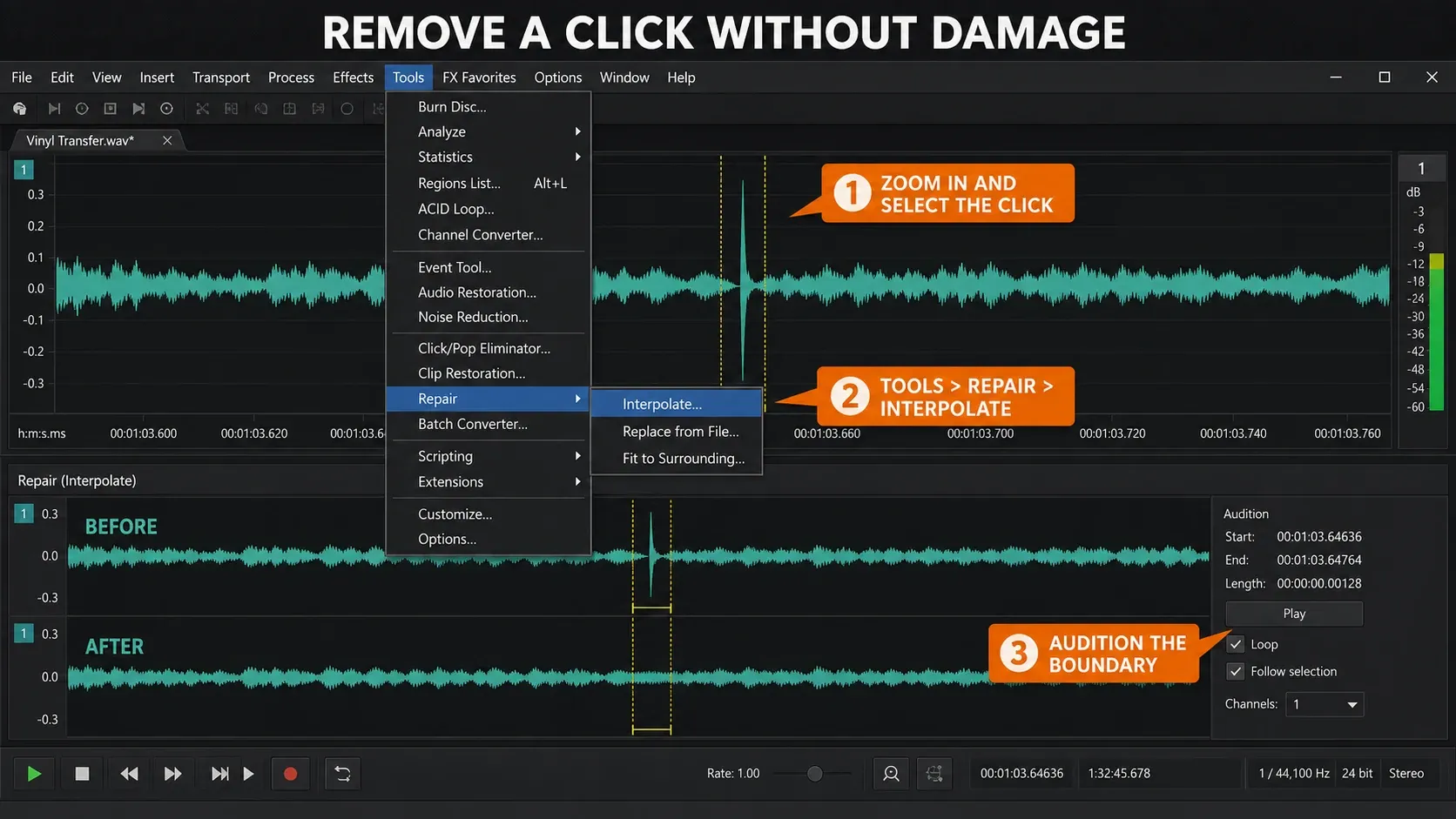 Sound Forge waveform with a click selected for interpolate repair and before after comparison