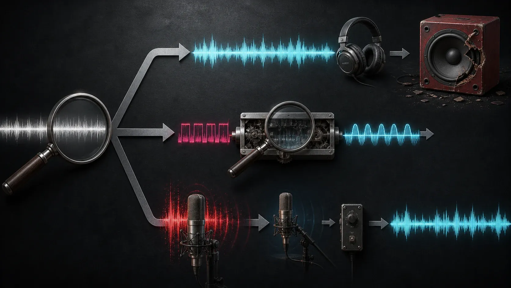 Decision routes for playback fault localized declipping and rerecording an overloaded microphone source