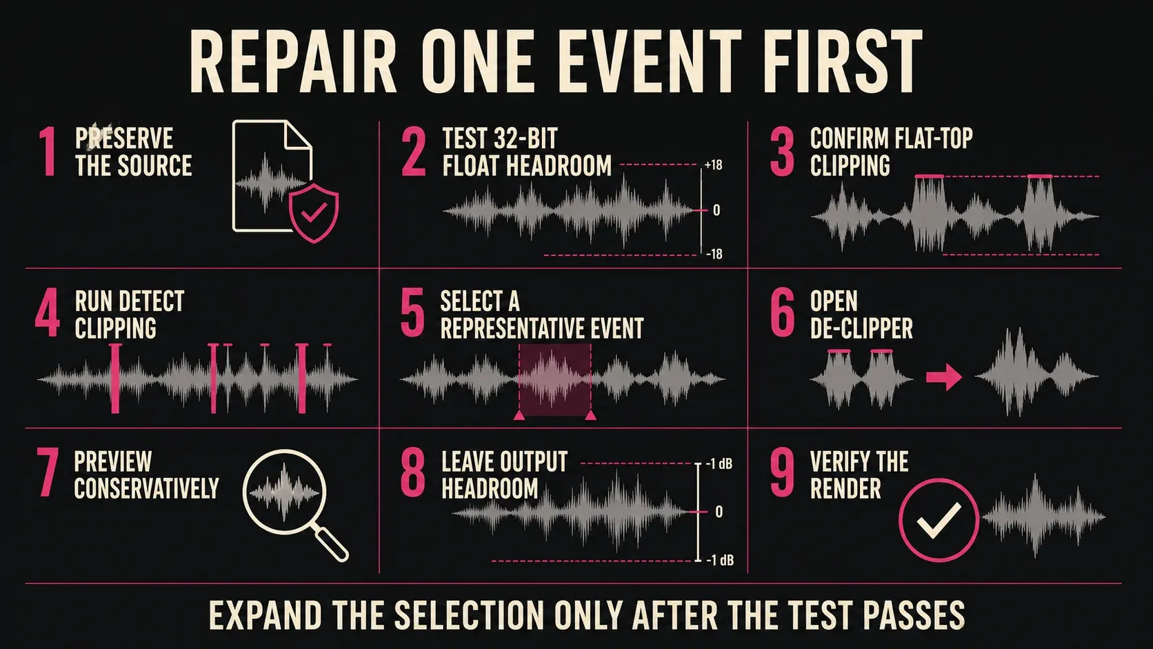 Nine-step Sound Forge workflow from preserving a clipped source to verifying a DeClipper render
