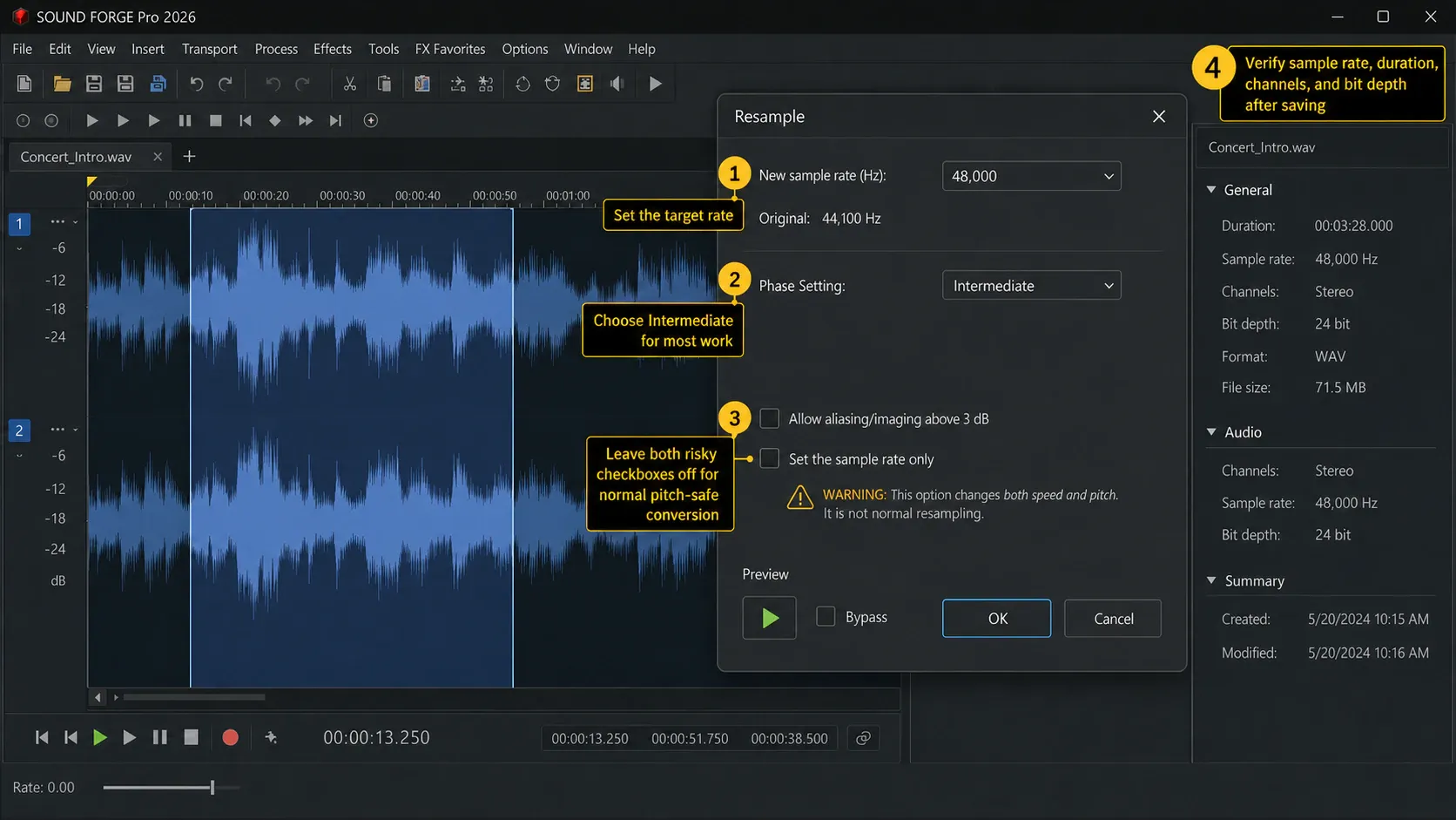 Sound Forge 2026 Resample dialog with target sample rate phase setting anti-aliasing rate-only warning and file verification