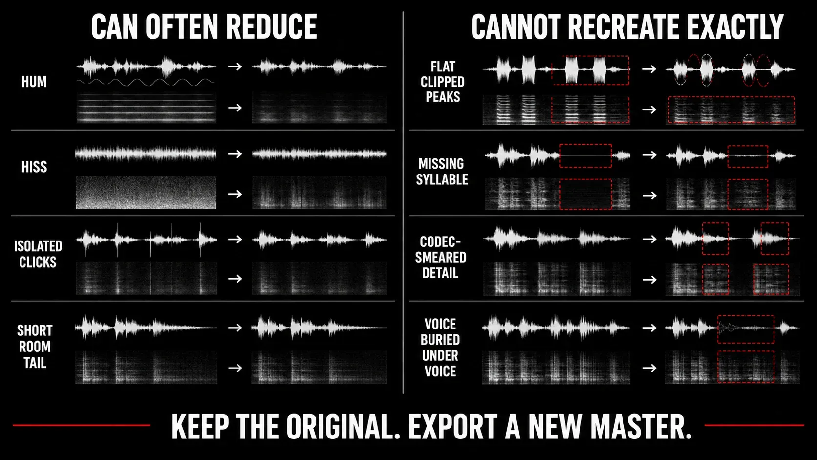 Practical limits of restoration for hum, clicks, clipping, reverb, codec damage and missing audio