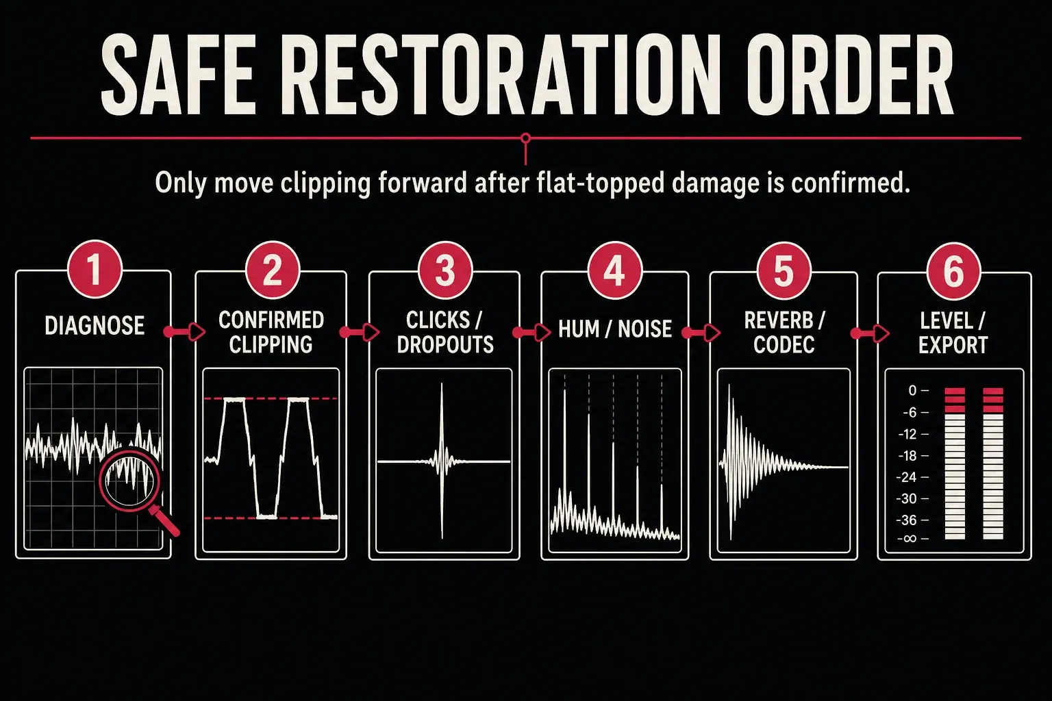 Audio restoration order from diagnosis and confirmed clipping through local repair, noise control and verified export