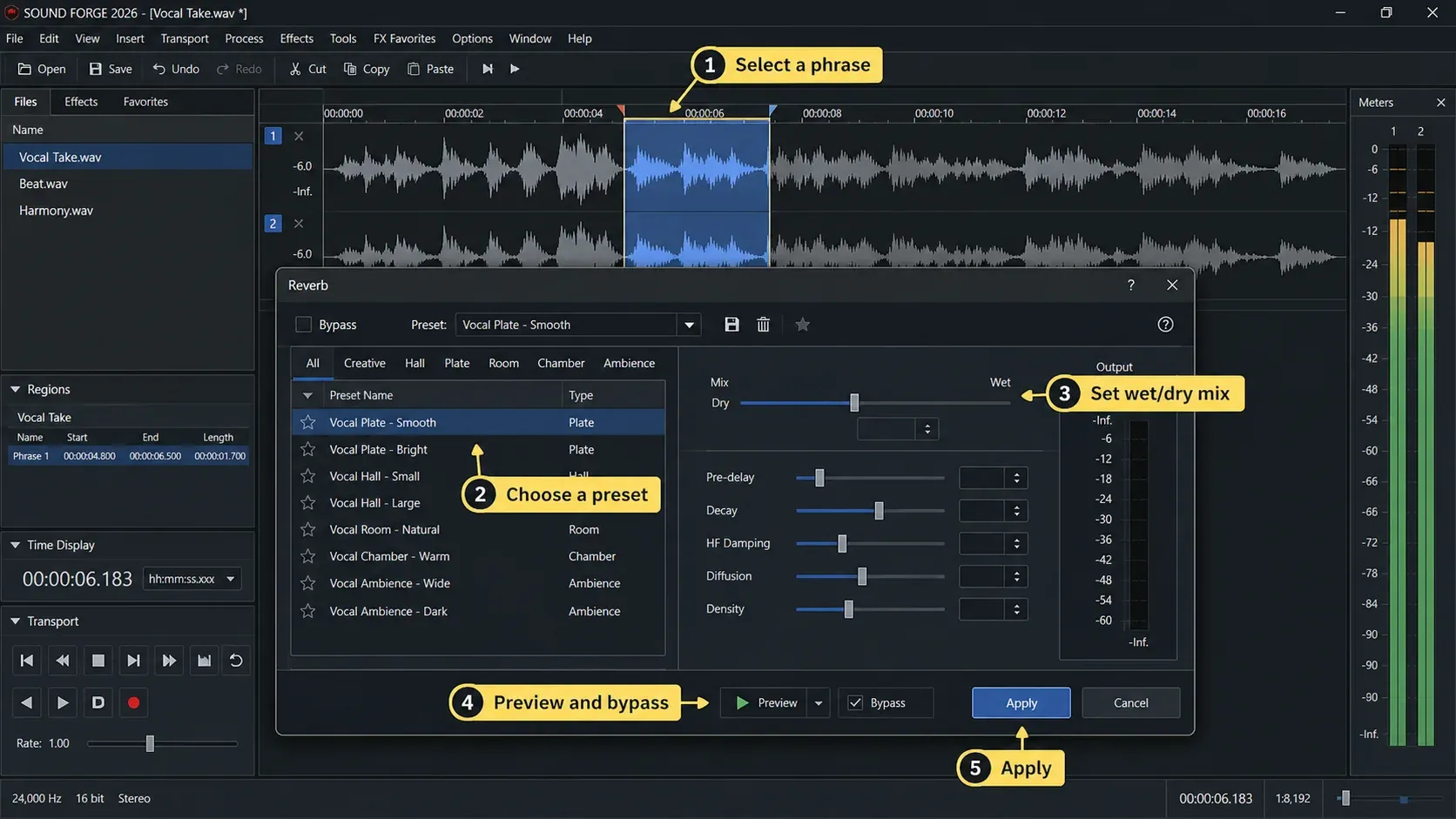 Sound Forge reverb dialog with selected phrase preset wet dry mix preview and bypass