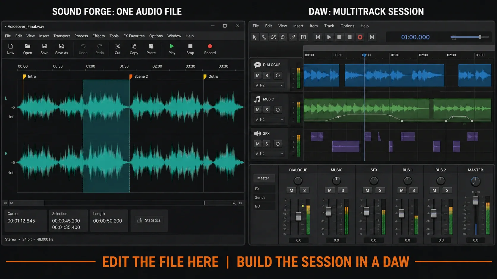 Sound Forge single-file waveform editor compared with a multitrack DAW session