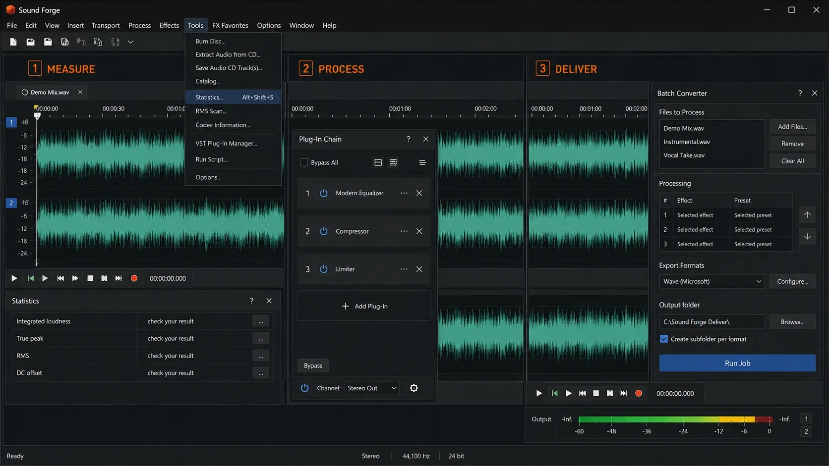 Statistics, the Plug-In Chain and Batch Converter open across one Sound Forge session