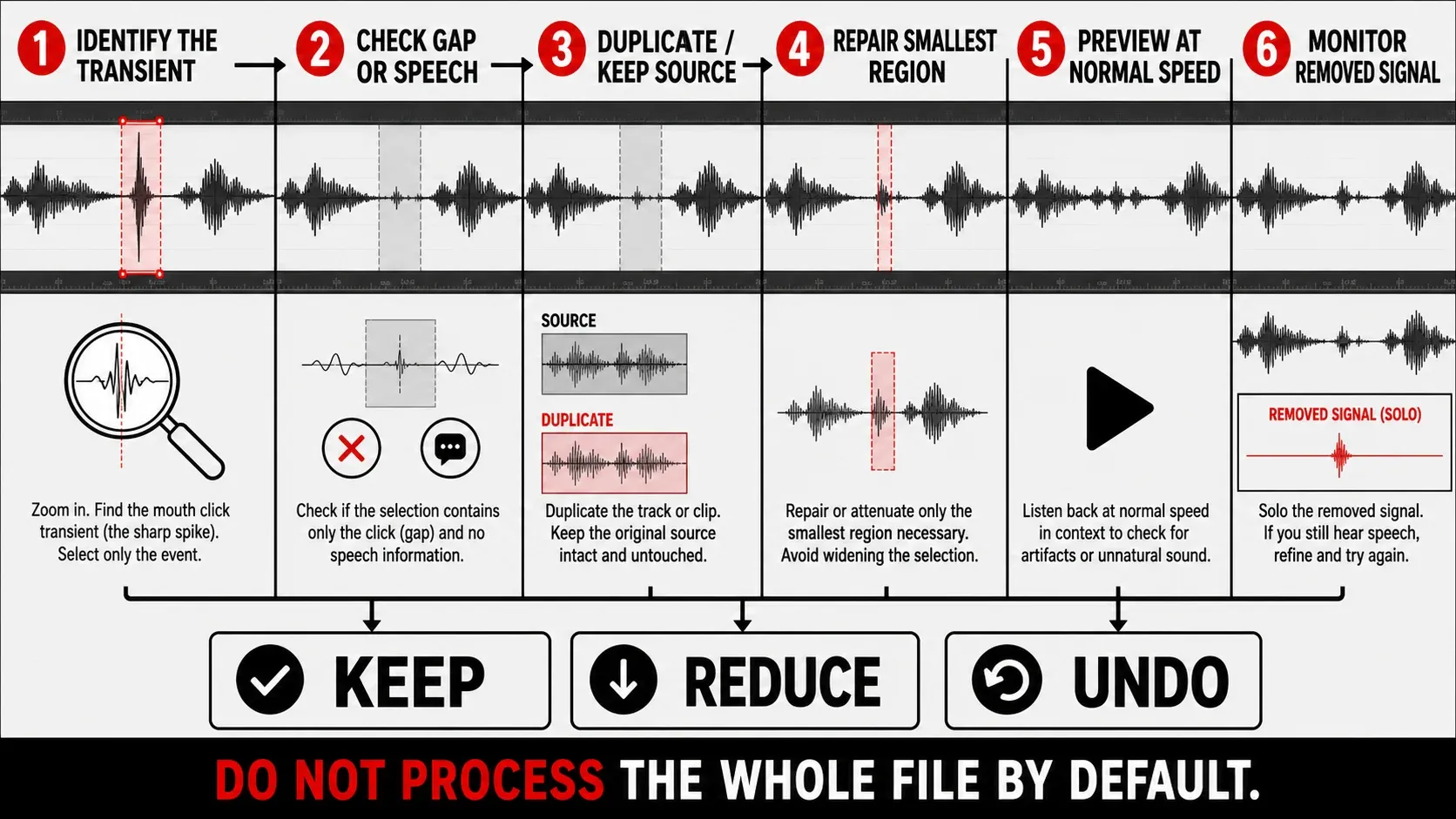 Safe mouth-click removal workflow from diagnosis to residual listening and a new master