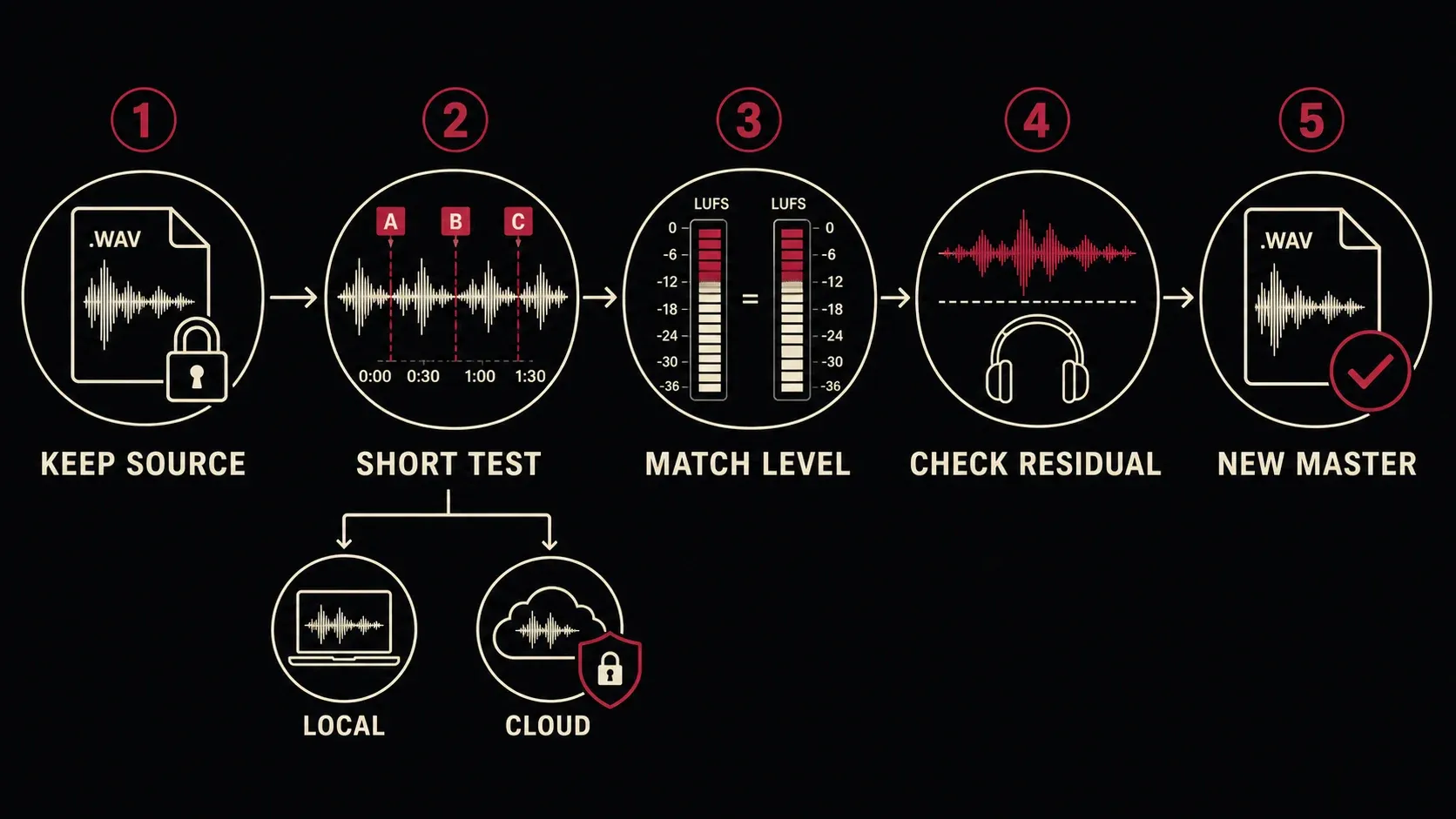 Five-step AI audio restoration test with source copy, short sample, level match, residual check and new master