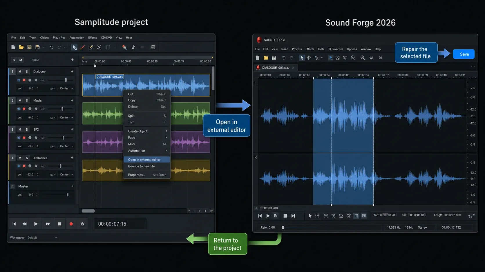 Samplitude audio object sent to Sound Forge 2026 for repair and returned to the project