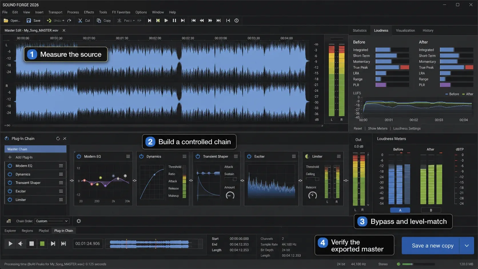 Sound Forge mastering workflow measuring the source building a plug-in chain bypass checking and verifying export