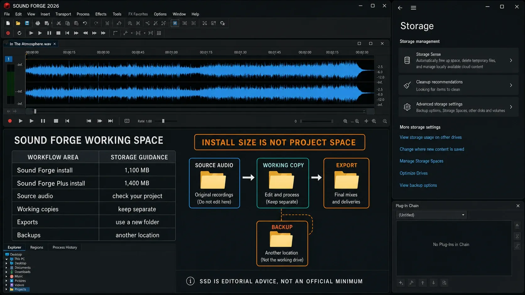 Storage split between the Sound Forge install, source audio, working copies, exports and backups